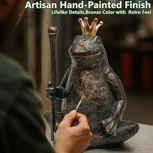 Frog Garden Statue,11.5" H×9.8" L Animal Figurines Garden Decor, Weather-Resistant Outdoor & Indoor Sculptures & Statues for Home,Patio,Yard and Entryway-Seated Frog with Scepter