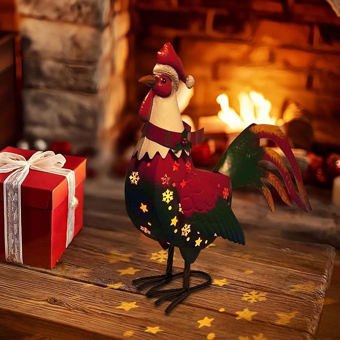 LIFFY Christmas Rooster Yard Decor,18" Metal Chicken Outdoor Decor with Solar Light,Garden Rooster Statues for Outside,Patio Decorative Ornaments for Home Backyard Landscape