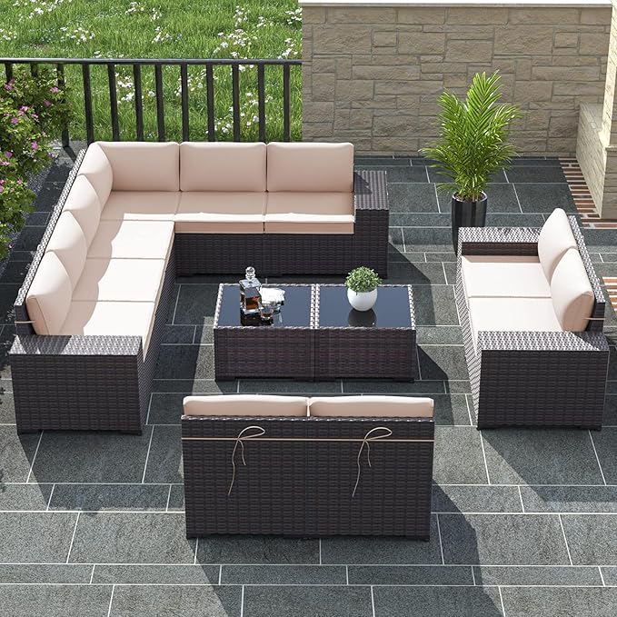Outdoor Patio Furniture Set, 12 Pieces Outdoor Furniture All Weather Patio Sectional Sofa PE Wicker Modular Conversation Sets with Coffee Table,10 Chairs & Seat ClipsBrown.