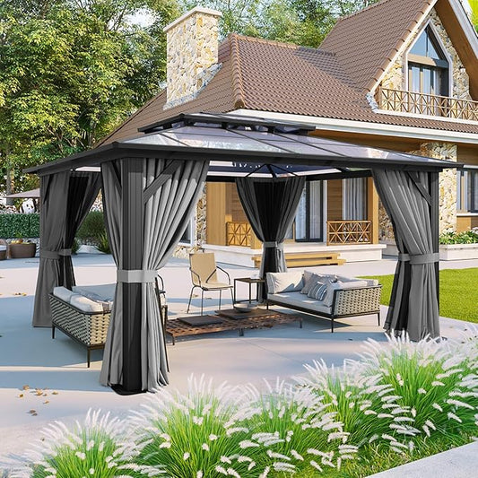 Aoxun 12'x14' Hardtop Gazebo, Aluminum Frame Permanent Pavilion with Curtains and Netting, Outdoor Polycarbonate Double Roof Canopy, Designed for Garden, Lawns, Patio, Gray