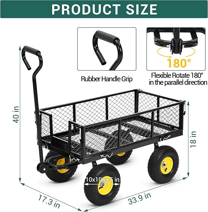Heavy Duty Garden Cart On Wheels - 550LBS Metal Wagon with 10" Pneumatic Wheels, 180° Rotating Handle & Removable Sides - All-Terrain Yard Wagon for Farm, Beach & Outdoor Use