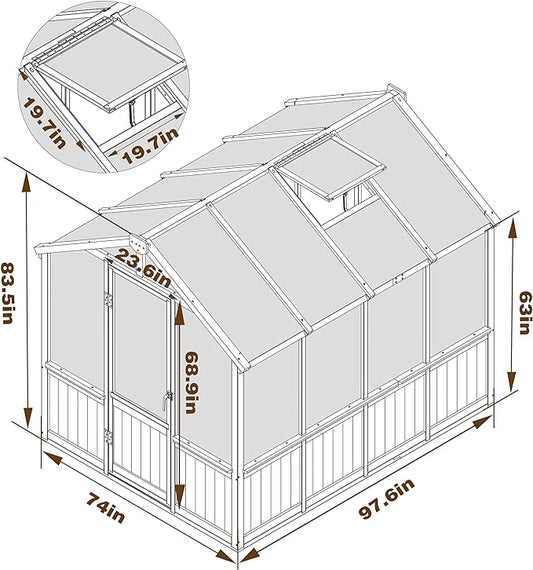 6x8 FT Greenhouse Kit for Outdoor, 6MM Thick Polycarbonate Panel Wooden Walk-in Green House with Lockable Door and Adjustable Roof Vent, Backyard Garden, Light Mocha Brown