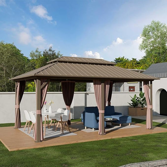 12'x18' Hardtop Gazebo, Outdoor Aluminum Frame Galvanized Steel Double Roof Pavilion with Netting and Shaded Curtains, Permanent Metal Pergolas for Patio, Backyard, Deck and Lawns.