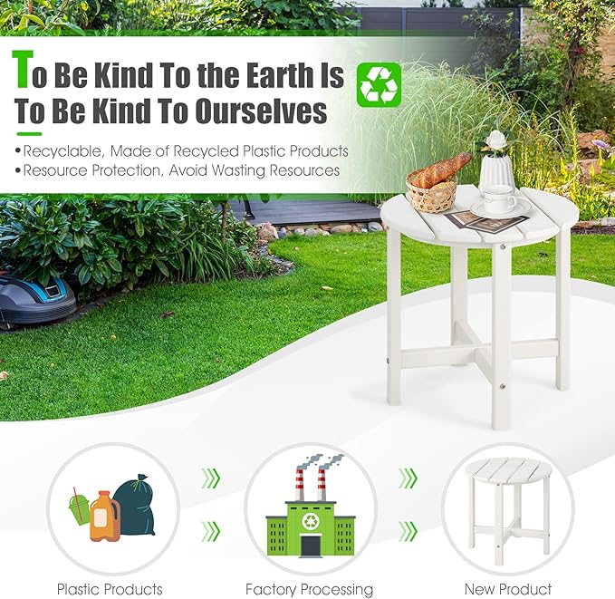 Tangkula Round Outdoor Side Table, 18 Inch Weather Resistant HDPE Adirondack Table, Outdoor Indoor Chairside End Tables, Patio Side Table for Lawn Garden Balcony Backyard, Easy Assembly (2, White)