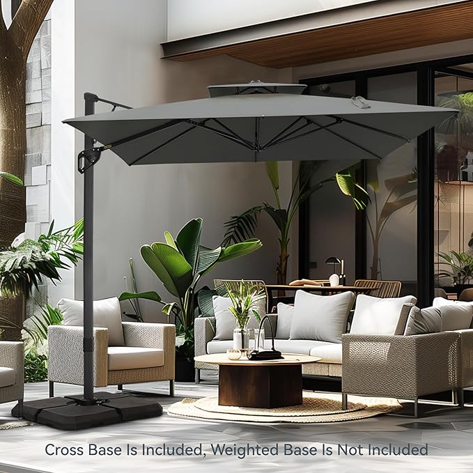 PHI VILLA 9'x 12' Large Patio Umbrella, Outdoor Aluminum Cantilever Umbrella with Double Top Rectanglar Canopy, Windproof Hydraulic Offset Umbrella for Pool, Deck, Garden, Beach, Porch, Grey