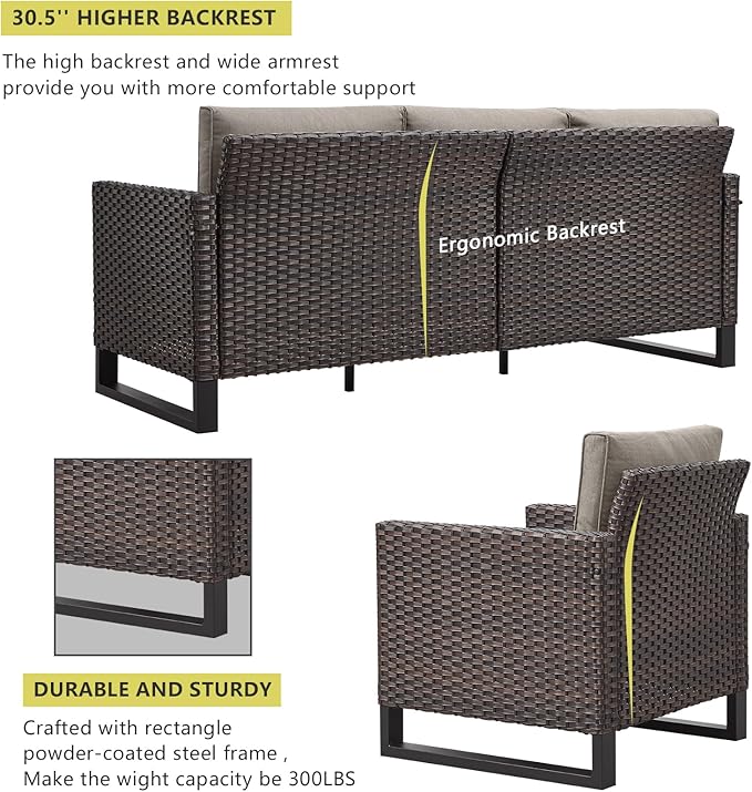 HUMMUH 10 Piece Patio Furniture Set PE Wicker 3 Outdoor Sectional Sofa Set with Patio Chairs Dinning Table Ottomans for Porch,Garden,Backyard,Deck(Brown/Grey)