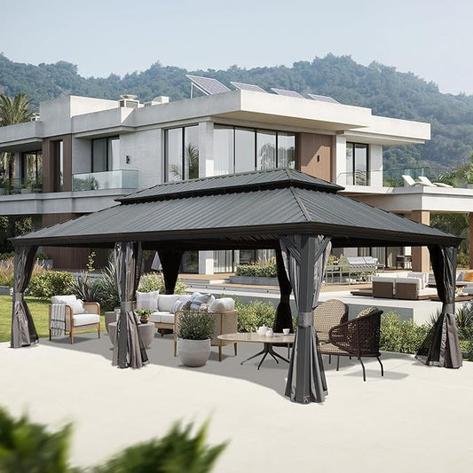 Domi 14' X 24' Hardtop Gazebo Large Outdoor Metal Gazebo Canopy with Galvanized Steel Double Roof, Aluminum Frame, Curtains and Netting for Patio, Deck, Garden, Grey