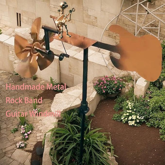 Garden Handmade Metal Rock Band Drummer Guitar Windmill, Kinetic Art Metal Sculpture Wind Spinners, Percussionist Music Rockin Art Figurine, Windmills for Yard Lawn Patio Outdoor Decor (Guitar)