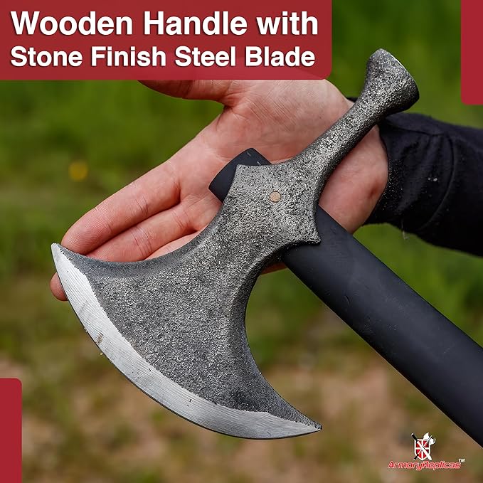 Armory Replicas™ Rustic Barbarian Hammerhead Battle Axe – 22.5" Steel Blade with Stone Finish & Wooden Handle – Versatile Tool for Camping, Outdoor Tasks