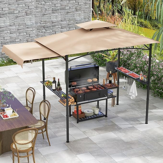 HAPPYGRILL Outdoor Grill Gazebo Canopy 11 x 5 FT, Barbecue Canopy with Double-Tiered Top, 2 Side Shelves, Hanging Hooks, Bottle Opener, Metal Frame, BBQ Grilling Shelter