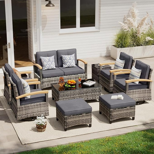 MEISSALIVVE 10 Pieces Outdoor Patio Furniture Sets,PE Wicker Patio Conversation Sets with 4 Wood Armrests Swivel Rocker Chairs,2-seat Sofa and Coffee Table(Grey)