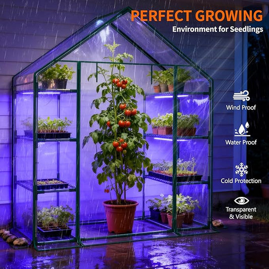 Indoor Greenhouse with Grow Light, 4-Tier Mini Greenhouse 56.3"x28.7"x76.8" Small Greenhouse with Zippered PVC Cover for Seed Starting Trays, Dimmable Plant Light for Indoor Plants with Timer