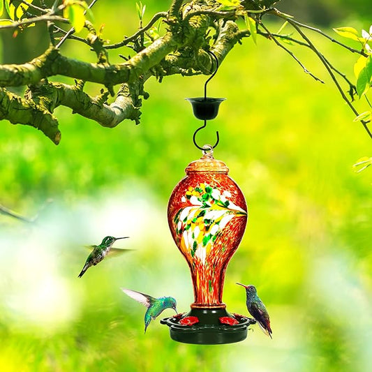 LUJII Hummingbird Feeder for Outdoors, Hand Blown Glass Humming Bird Feeder, Anti Fade Leakproof with 25 Ounces Nectar Capacity, Easy to Install Clean Refill, Include Hook & Ant Moat (Red)