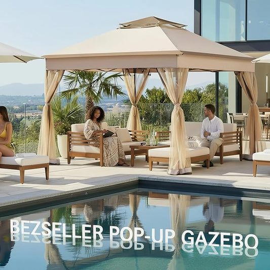 Bezseller 11x11 Pop Up Gazebo Tent with Mosquito Netting – Quick Set Up, Water-Resistant Outdoor Canopy for Patio, Garden, Backyard, and More,Khaki