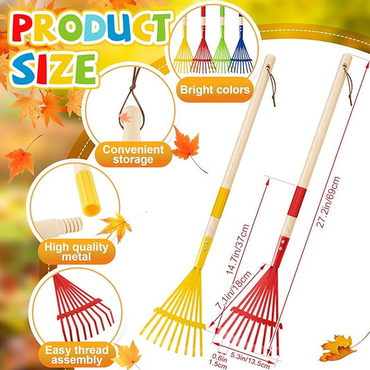 Suclain 4 Pcs Kids Rake with Hardwood Handle Small Child Size Multicolor 28'' Mini Rake for Leaves Lightweight for Children Garden Leaf Yard Tools Gifts
