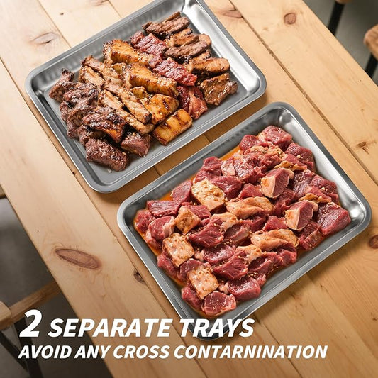 Grilling Prep and Serve Trays, Stainless Steel Large Capacity Food Prep Tray, Grill Carry System, Marinade Container with Lid and Cutting Board, BBQ Grill Accessories, Grilling Gifts for Men