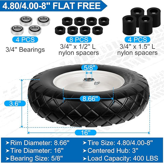4.80/4.00-8" Flat Free Wheelbarrow Tires and Wheels, 16" Universal Fit Solid Tires with 5/8" or 3/4" Bearing, 3"-7" Hub, Adapter Kit Hand Truck Wheels Replacement for Garden Trailer, Wagons, 2 PCS