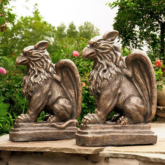 Zaer Ltd. Set of 2 Garden Griffin Statues, Magnesium-Cement Sculptures, 28.3" H Outdoor Entrance Decor (Aged Bronze)