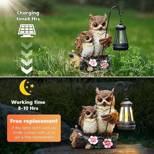 Json Garden Owls Statue with Solar LED Lantern, Loving Owls Family Embrace, Gifts for Mom Yard Art, Whimsical Figurine Large Sculpture Lighted Outdoor Mother's Day Spring Decorations for Lawn, Porch