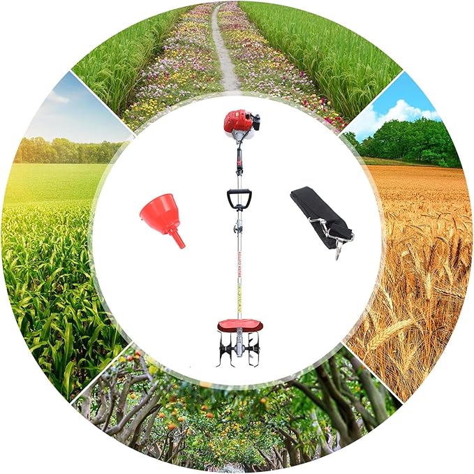 Gas Powered Tiller Cultivator 42.7CC 2-Stroke Handheld Garden Rotary Cultivator Rototiller Cordless for Gardening, Sandy Land, Loose Soil, Cultivation of Cash Crops