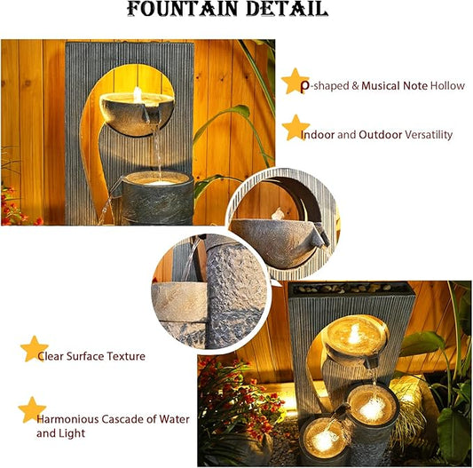 Water Fountain Zen Feature Outdoor Indoor - Waterfall Garden Freestanding Fountains ρ-Shaped Hollow Artistry Design with LED Lights for Home Decor Patio Yard Pool, 41 inches