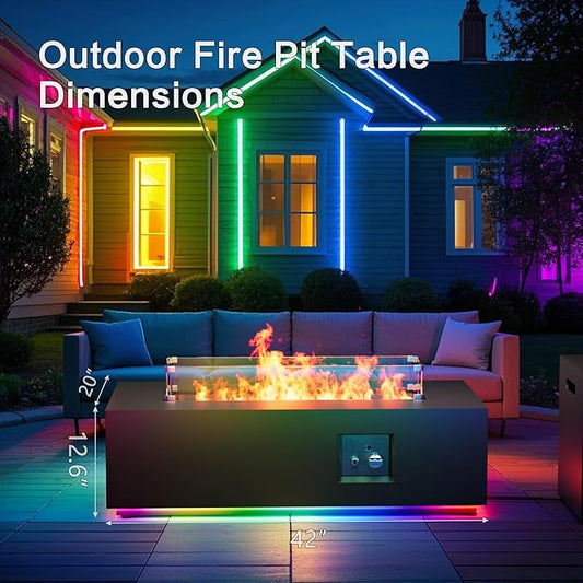 42" Outdoor Fire Pit Table, 50,000 BTU Gas Fire Pit with Glass Wind Guard, Fire Stones, Waterproof Cover, Propane Fire Pit Table for Outside Patio (RGB Light, Black)