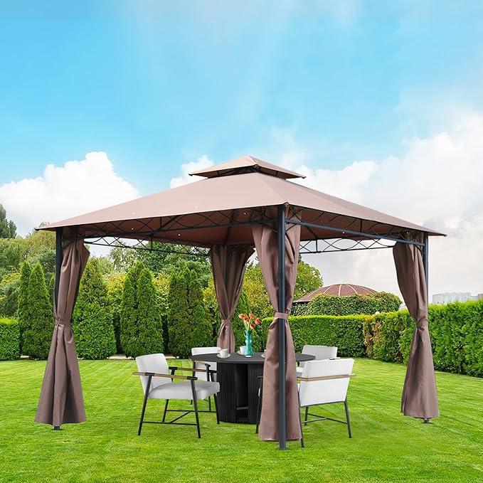 10'x13' Outdoor Patio Canopy Rain-Proof Pop Up Gazebo UV-Resistant Canopy Tent with Double Roof Tops Curtain for Backyard, Patio and Garden, Brown