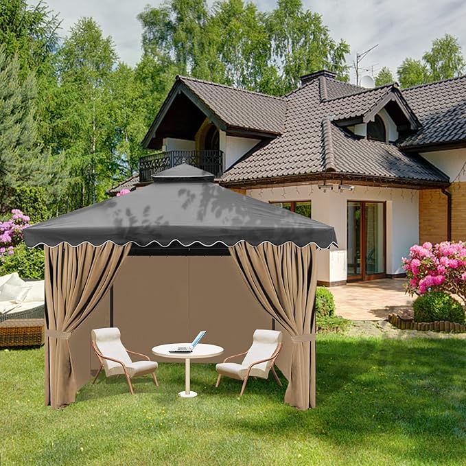 Gazebo Universal Replacement Privacy Curtain, 10'X10' Gazebo Curtain Outdoor Waterproof, 4-Panels Sidewall Curtains with Zipper for Patio, Garden and Backyard (Only Curtains, 10'x10', Brown)