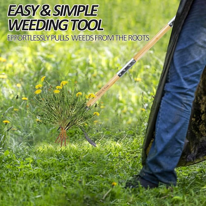 Weeder - Stand Up Weed Puller Tool with Long Handle - Real Bamboo & 4-Claw Steel Head Weeder Tool, Weeding Tool Weed Remove Tool for Lawn/Yard, Easily Remove Weeds Without Kneeling