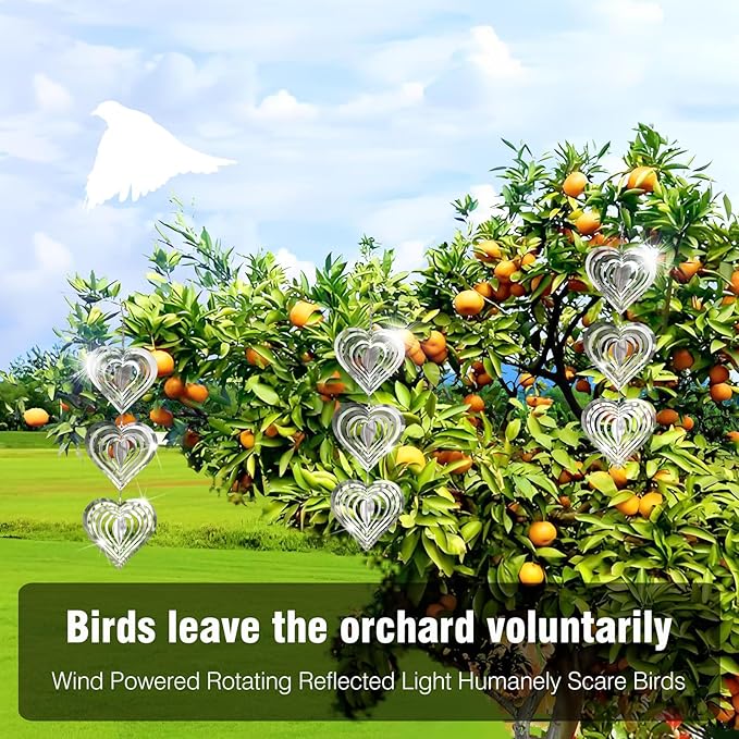 9 Heart Bird Scare Discs Set-Highly Reflective Double-Sided Bird Reflectors, Stainless Steel Wind Spinner with 360° Rotating Hook, Mirrored Wind Chime Decor for Yards, Gardens, Balconies & Orchards