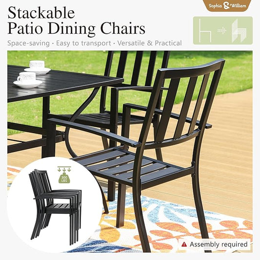 Sophia & William 7 Piece Patio Dining Set Outdoor Table and Chairs Metal Patio Table Furniture Set with Large Rectangular Dining Table for 6 Person and Stackable Outdoor Chairs Support 300LBS (Balck)