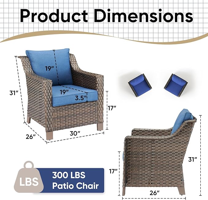 Outdoor Wicker Chair Set of 2-Outdoor Patio Chairs with Deep Seating Patio Dining Chairs for Deck Balcony Poolside Backyard-Brown/Blue