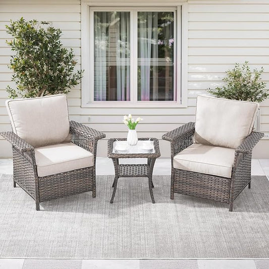 Wicker Outdoor Chairs Set - 3 Pieces Hollow Widen Armrests Patio Furniture Set with Side Table, Comfortable High Back Rattan Chairs for Balcony Porch Deck and Yard - Brown/Beige
