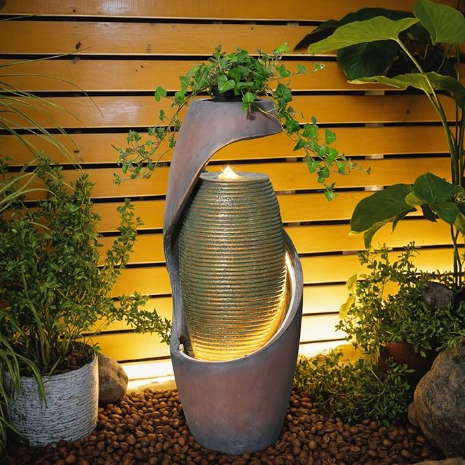 29.5’’H Modern Outdoor Fountain - Curved Spiral Waterfall Indoor/Outdoor with LED Light & Planter Bowl, Resin Garden Fountains for Patio, Yard, Backyard, Porch, Home Art Decor, 11.8" L x 11.8" W