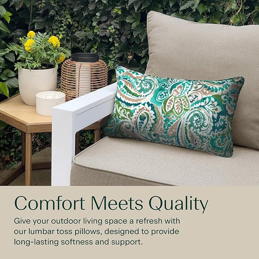 Honeycomb Outdoor Lumbar Pillow 2-Pack, 22 x 12, Geneva Paisley Turquoise Throw Pillows for Patio Furniture
