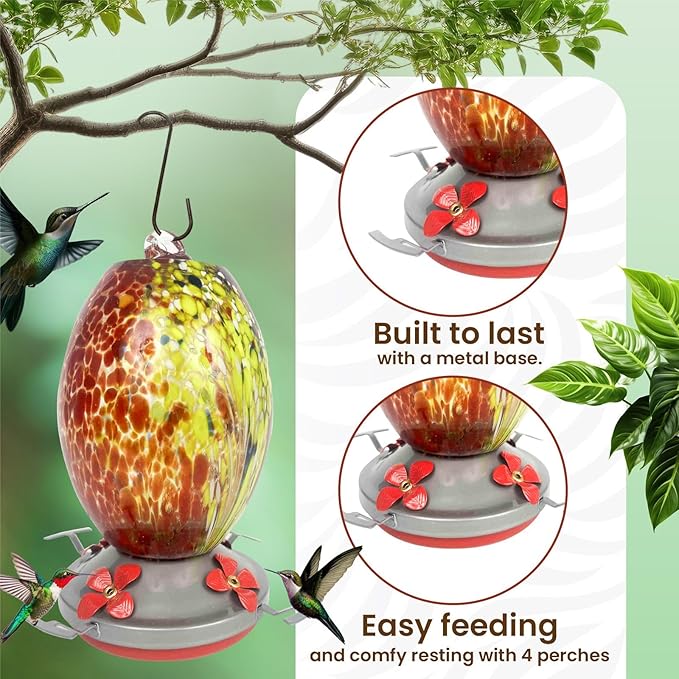 Nature Gear Hummingbird Feeder, Hanging-Mount Glass Hummingbird Feeders for Outdoors, Hand-Blown Glass Feeder with Ant Moat for Garden Hummingbirds, Easy to Clean & Rust Resistant, Volcano Red