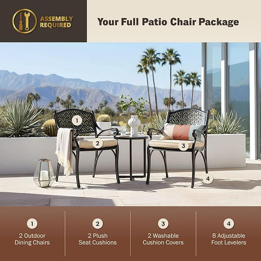 Kinger Home Harmon 2-Piece Cast Aluminum Outdoor Patio Chair, Patio Seating with Cushions, Chairs for Outside, Weather Resistant, Cushions Included