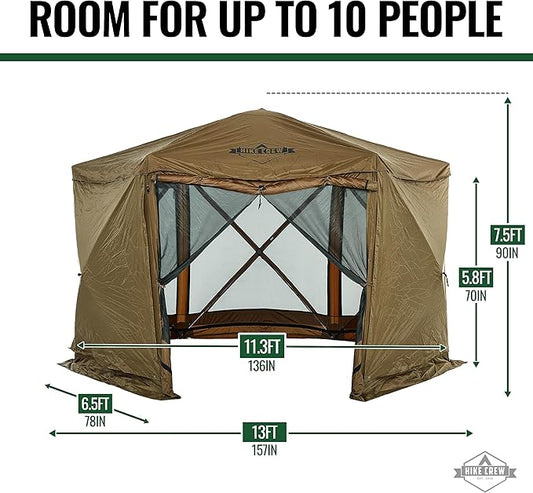 Hike Crew 13’ x 13’ Screened Roof Pop-Up Gazebo Screen Tent | 6-Sided Outdoor Canopy Shelter w/Roof Cover, Built-in Zippered Panels, Built-in Awning, Stakes, Ropes & Carry Bag | UV Resistant SPF 50+