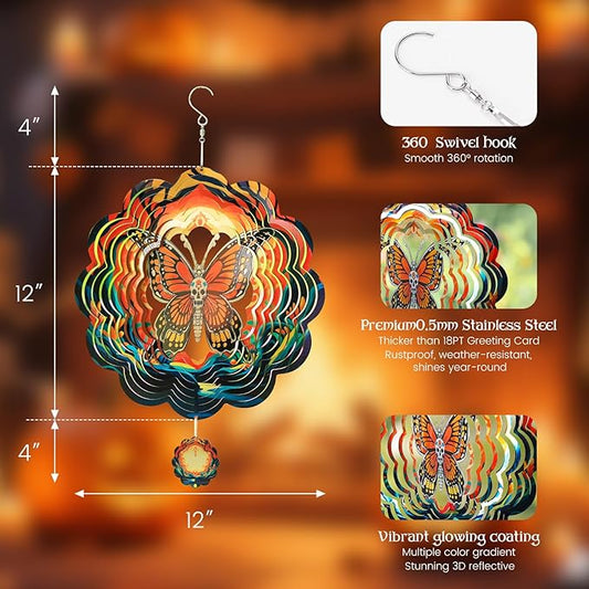 Halloween Wind Spinners Outdoor, 3D Skull Butterfly Wind Spinner 14x12 inches, Kinetic, Stainless Steel Metal, Halloween Decorations Outdoor, Yard Decor, Gift