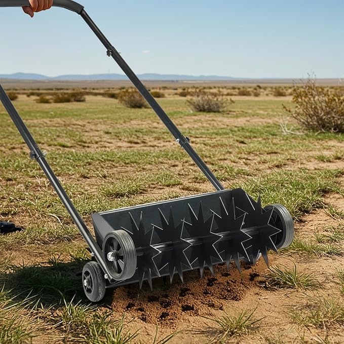 VINGLI Lawn Aerator, 19-Inch Heavy Duty Push Spike Aerator with 4 Wheels, Easy-to-Assemble, 45'' Push Rolling Aerator for Lawm, Yard and Garden(Black)