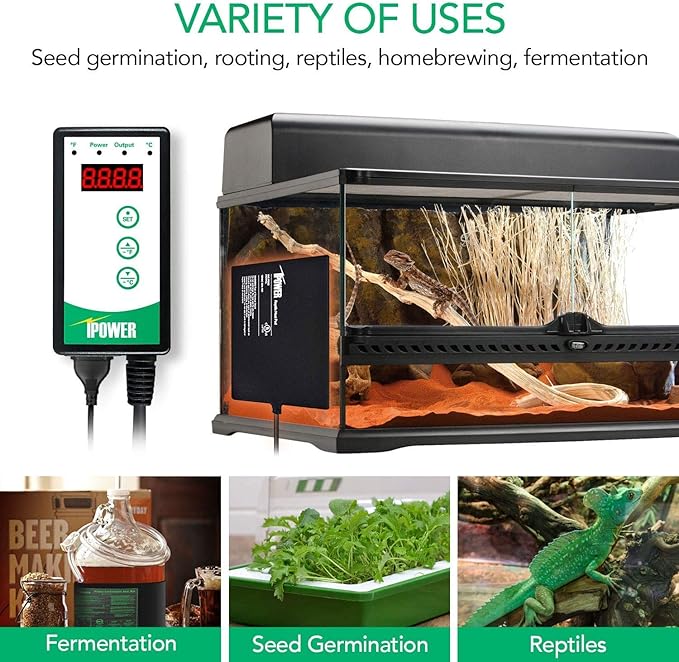 iPower 2-Pack 40-108 Degrees Fahrenheit Digital Heat Mat Thermostat Controller and 10" x 20" Hydroponic Seeding Warm Pad Plant Starting Kit Combo