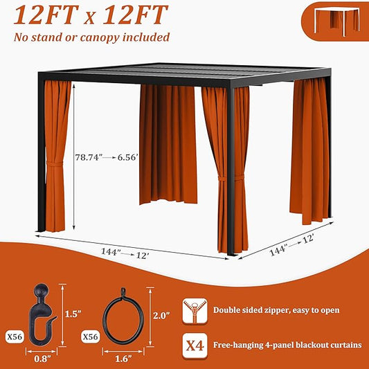 Gazebo Universal Replacement Privacy Curtain,12'×12' Gazebo Outdoor Waterproof Curtains, 4-Panels Sidewall Curtains with Double Zipper for Patio Canopy, Garden and Backyard (Curtain Only)