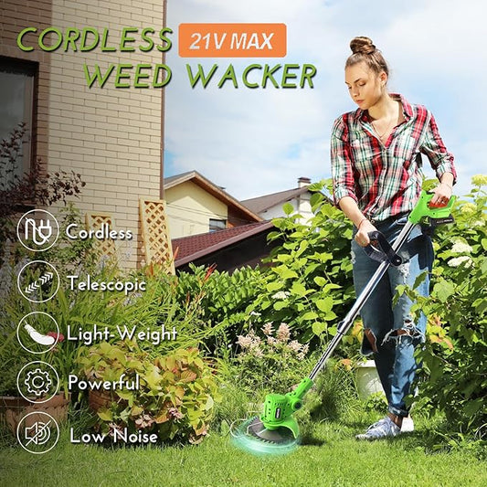 Electric Weed Wacker, 21V Grass Trimmer Cordless with 2 Battery and Charger 5 Types 26Pcs Blade 3 in 1 Weed Trimmer Lawn Edger Brush Cutter for Lawn Yard Garden