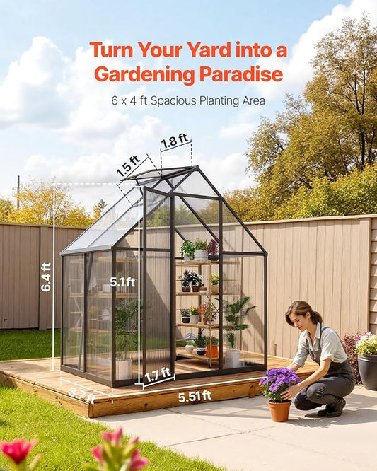 VEVOR 6 x 4 FT Polycarbonate Greenhouse, Heavy Duty Outdoor Green House with Adjustable Vent & Push-Pull Lockable Door, Quick Setup, Aluminum Frame Walk-in Greenhouse Sunroom for Outside Garden Lawn