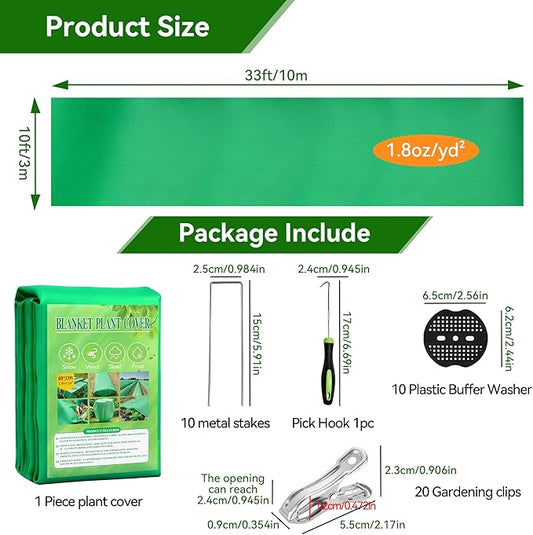 Plant Covers Freeze Protection kit,1.8 oz/yd²-10 ft x 33 ft Thickened Floating Row Cover for Outdoor Plants With 20 clips and 10 stakes staples& gasket & 1 Pick Hook, Winter Frost Protection(Green)