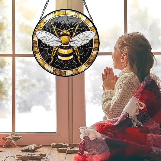 Stained Glass Window Hanging - Black Gold Bee White Wings Sun Catcher for Door Home Decor Insect Suncatcher Christmas Mother's Day Birthday Gifts for Women Men Lovers Mom Nana 9.8 in