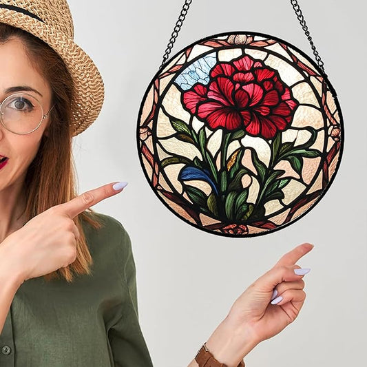 Stained Glass Window Hanging - Red Carnation Birth Flower Sun Catcher for Door Garden Home Decor Suncatcher Christmas Mother's Day Birthday Gifts for Women Men Mom Nana Friend Wife 11.8 in