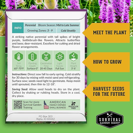 Survival Garden Seeds - Dense Blazing Star (Liatris spicata) | Gayfeather | Prairie Feather | North American Native Wildflower Seeds - 1 Pack