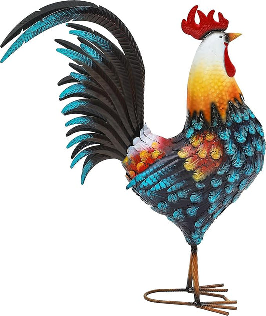 32" Metal Rooster Decor, Outdoor Garden Statues, Metal Chicken Sculpture for Backyard Patio Kitchen Decor