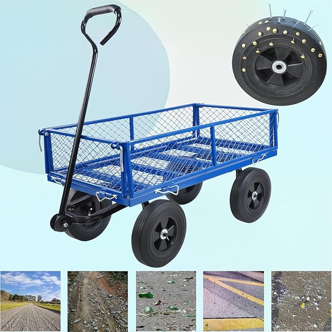 Heavy-Duty Solid Tire Garden Dump Cart - 4.86 cu. ft. Yard Wagon Cart with 600 LBS Capacity & Spacious Mesh Bed (37" x 19.5") - No-Flat Tires, Utility Wagon